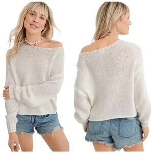 Aerie Off-Shoulder Cream Sweater open knit